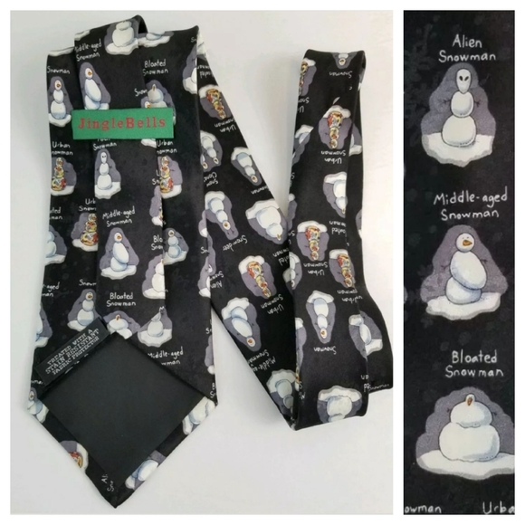 Jingle Bells Snowman Themed Silk Neck Tie 58"L 4"W - Picture 2 of 6